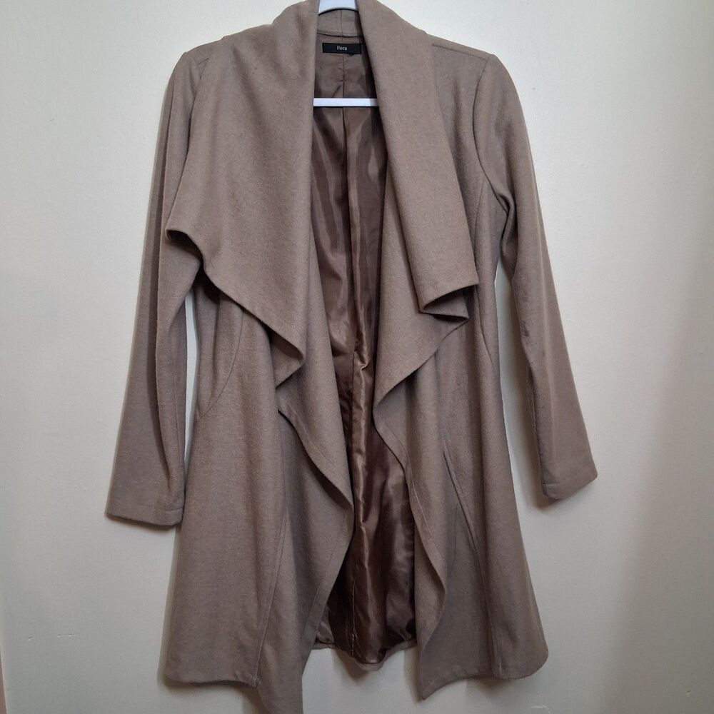 Fora Wool Blend Cascade Front Coat Cardigan Small Beige Pockets